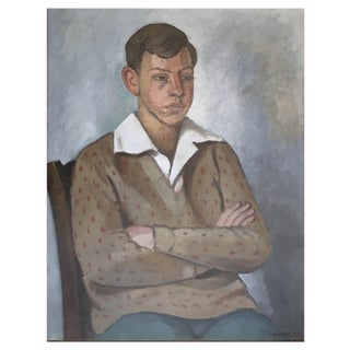 Emile-François Chambon, Jeune homme assis col blanc et pull à pois, 1928, Oil on Canvas, Framed For Sale