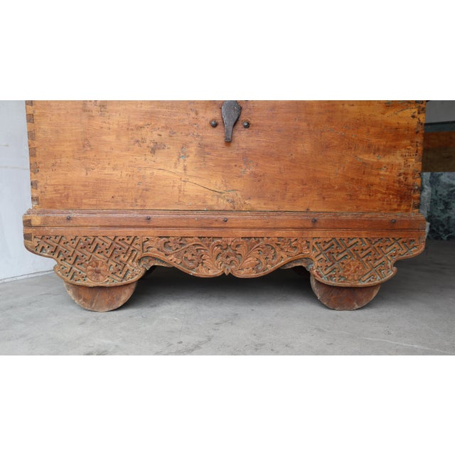 Massive 5ft Antique Carved Teak Wheeled Dowry Chest For Sale - Image 10 of 11