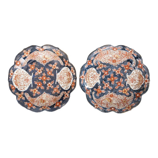 19th Century Japanese Meiji Period Imari Blue Scalloped Chargers Plates - A Pair For Sale