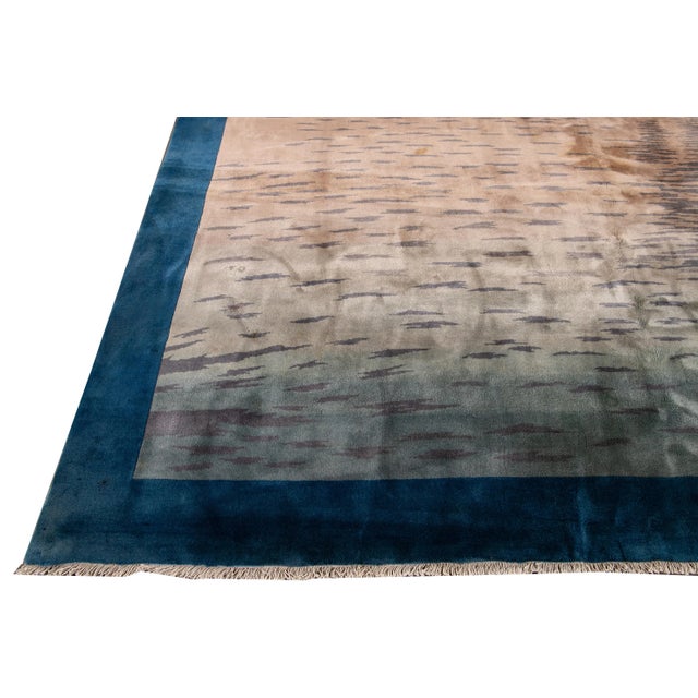 Art Deco Antique Chinese Art Deco Blue Handmade Pictorial Oversize Wool Rug For Sale - Image 3 of 11