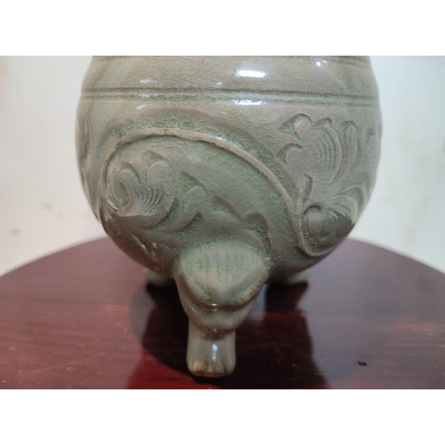 Art Deco Chinese Ceramic Censer Hand Carved Yaozhou Ware Celadon Three Legs Censer For Sale - Image 3 of 12