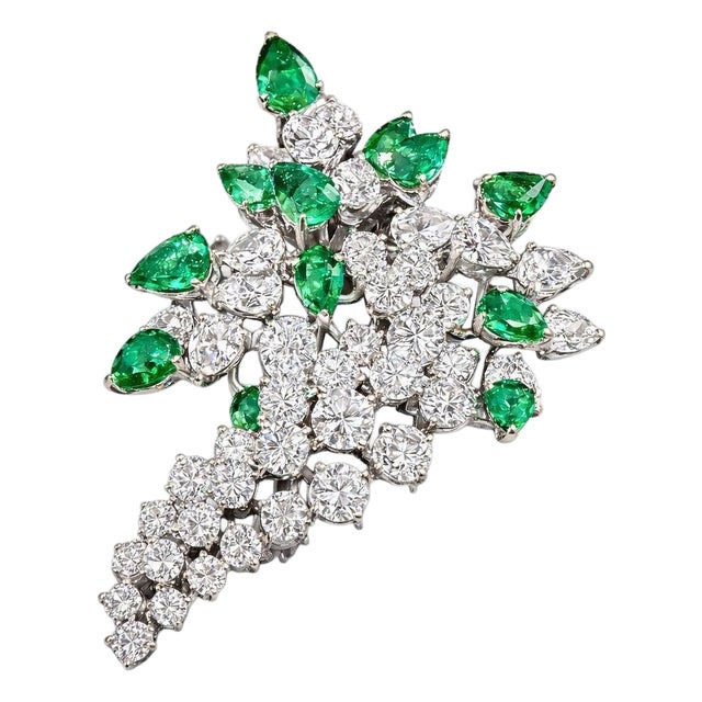 Tiffany & Co Colombian Pear Emerald & 12 Ct Diamond Pin in Platinum, Vintage For Sale
