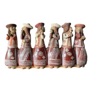 Peruvian Folk Six Women Figures Whistle Terra Cotta Pottery 12" W For Sale