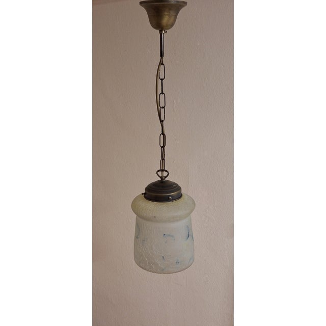 Vintage Art Deco German Ceiling Lamp with Closed Ice Glass Shade with Remains of Colored Painting on Brass Mount, 1930s For Sale - Image 4 of 7