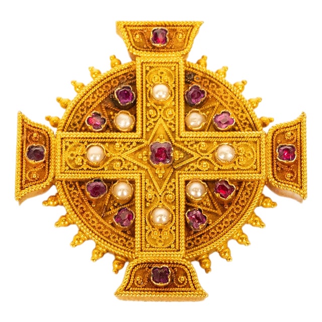 Antique Italian Etruscan Revival 22k Gold Brooch Rubies & Pearls Marchesini 1870 For Sale
