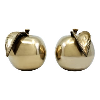 1970s Brass Mid Century Modern Apple Sculptures or Bookends - a Pair - Signed For Sale