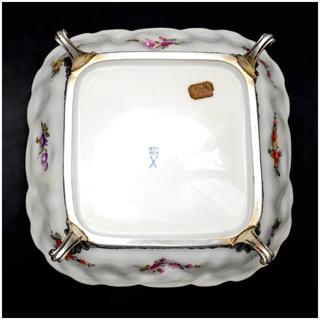 Antique French Sterling Silver & Continental Porcelain Bowl Hand Painted Flowers Gilt Scalloped Rim For Sale - Image 11 of 11