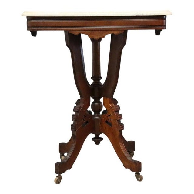 Late 19th Century Antique Eastlake Carved Walnut Square Marble Top Table C1890 For Sale - Image 5 of 11