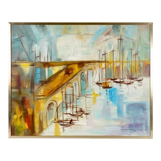 1970s Pauline Wright Sailboat Harbor Landscape Artwork For Sale