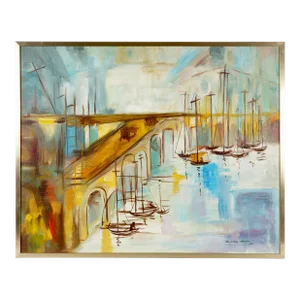 1970s Pauline Wright Sailboat Harbor Landscape Artwork