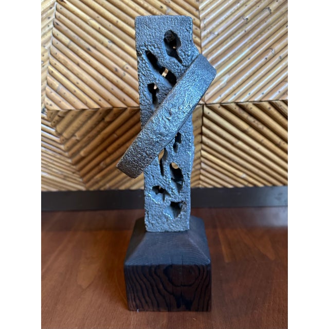 Vintage Signed 13” Hand Hammered Blackwashed Metal Sculpture on Wood Base in a Western Industrial Style For Sale In Los Angeles - Image 6 of 17
