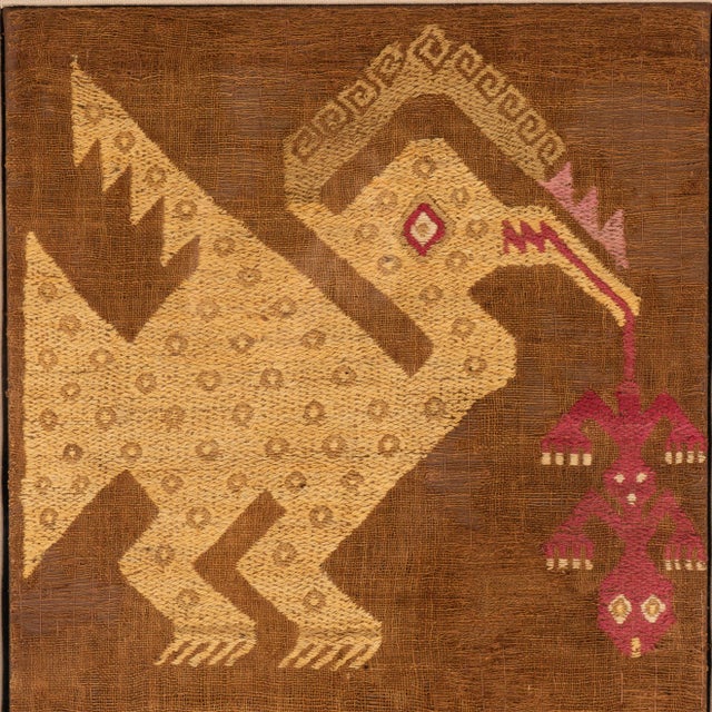 Peruvian Pre-Colombian (Chancay) textile panel of camelid wool embroidered on cotton with three birds, each holding a...