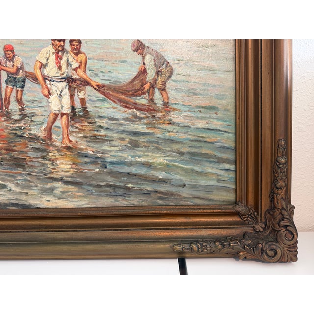 Early 20th Century Early 20th Century Giuseppe Giardiello (Italia 1870-1920) Antique Oil Painting Fishermen Seascape For Sale - Image 5 of 12