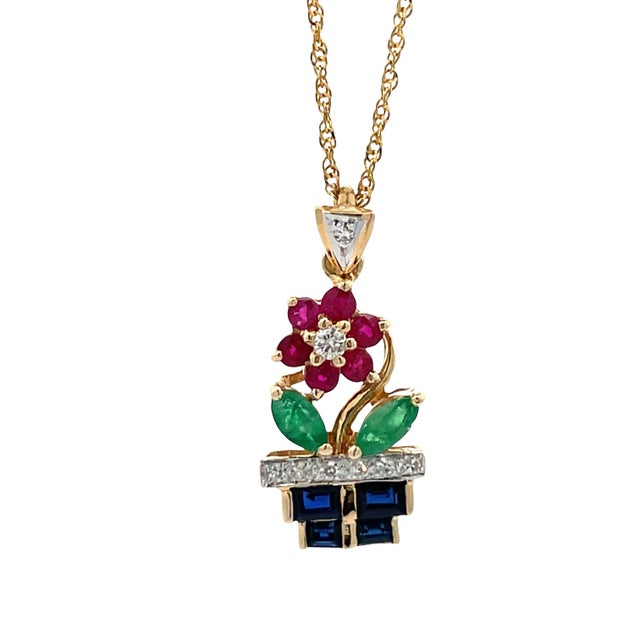 14k Yellow Gold Multi-Gemstone Flower Vase Necklace For Sale In New York - Image 6 of 10