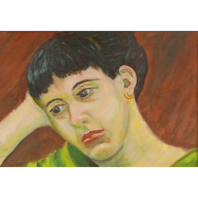 American Mid Century Modern Portrait of Woman in Green Dress Original Oil Painting by Genevieve Rogers For Sale - Image 3 of 4