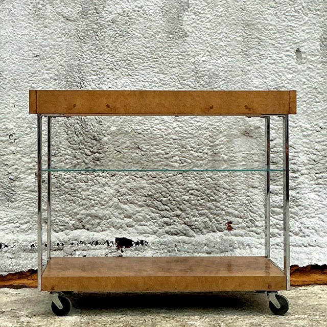 Mid-Century Modern Vintage Burl Wood Extendable Bar Cart After Milo Baughman For Sale - Image 3 of 8