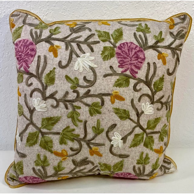 Square Pillow With Purple and White Embroidered Floral Pattern, Made in U K For Sale - Image 9 of 10