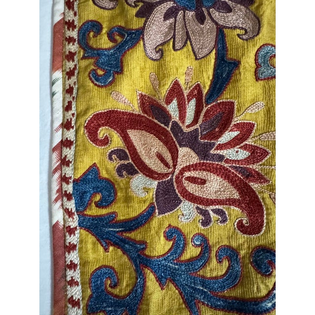 Goldenrod 27” Uzbekistan Suzani Floral & Paisley Embroidered Silk Textile With Cotton Ikat Reverse For Sale - Image 8 of 12