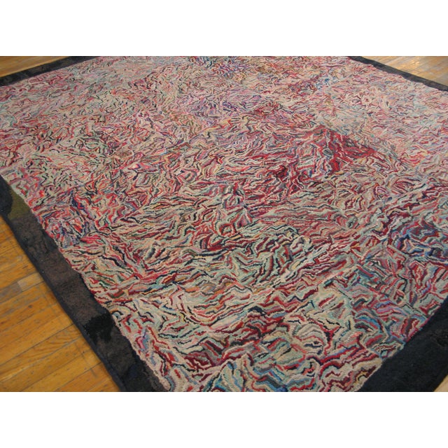 Abstract Attractive Multicolor Background and Black Border With Folk Art Style Antique American Hooked Rug For Sale - Image 3 of 6