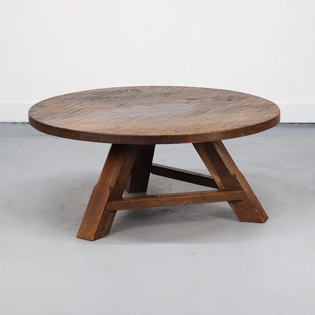 Brown Large Round Vintage Brutalist Rustic Farmhouse Coffee Table from Oak For Sale - Image 8 of 9