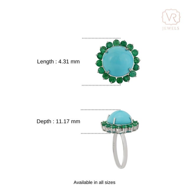 6.13ct Cabochon Turquoise & Emerald Halo Cocktail Ring in 14k White Gold Size 5 For Sale - Image 12 of 18
