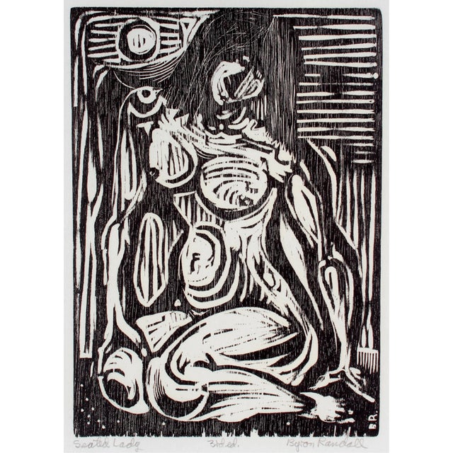 Mid-Century Modern "Seated Lady" Monochromatic Figurative Woodcut, 1960 For Sale - Image 3 of 3