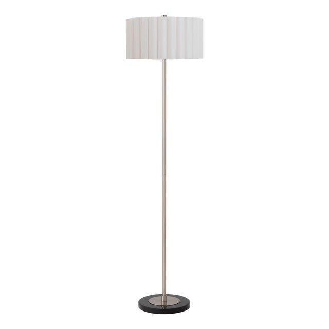 Slimline Floor Lamp - Modern Satin Nickel Steel Body, White Linen Drum Shade, 61" Tall, Integrated Dimmer For Sale