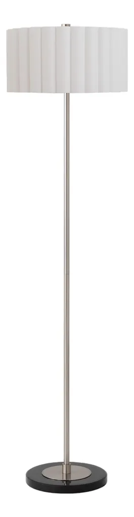 Slimline Floor Lamp - Modern Satin Nickel Steel Body, White Linen Drum Shade, 61" Tall, Integrated Dimmer