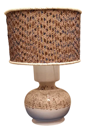 Vintage Beige-Brown Gradient Glazed Ceramic Table Lamp with Handmade Fabric Shade, 1970s
