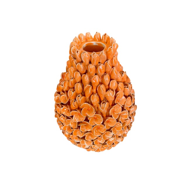 Vintage Mid-Century Italian Ceramic Floral Blossom Vase – Vibrant Orange Glaze For Sale - Image 4 of 12