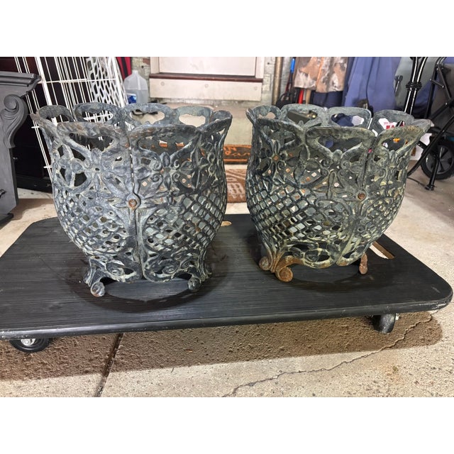 Metal Matching Pair of Antique Victorian Cast Iron Reticulated/Lacework Planters For Sale - Image 7 of 18