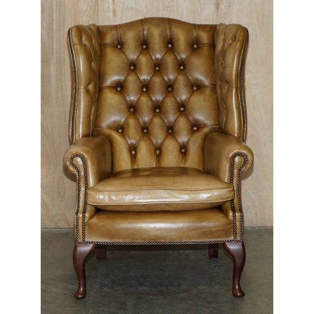 Pair of Vintage Tan Brown Leather Chesterfield Wingback Chairs With Footstools For Sale - Image 4 of 18