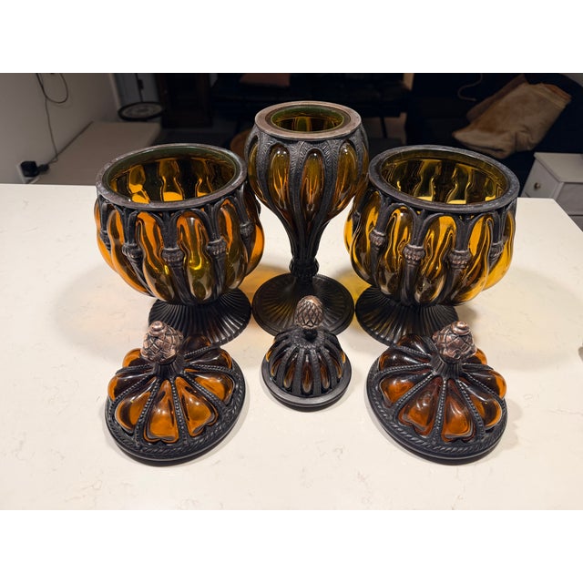 Vintage Baroque Brass Caged Amber Blown Bubble Glass & Dome Lidded Apothecary Jar For Sale - Image 10 of 11
