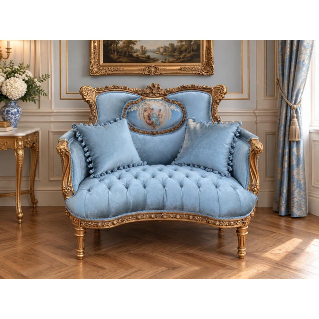 1920s 1920 French Artisan Louis XVI Gold Beech Velvet Settee For Sale - Image 5 of 11