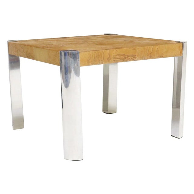Wood 1970s Vintage Milo Baughman Style Burlwood and Chrome Square Coffee Table For Sale - Image 7 of 7