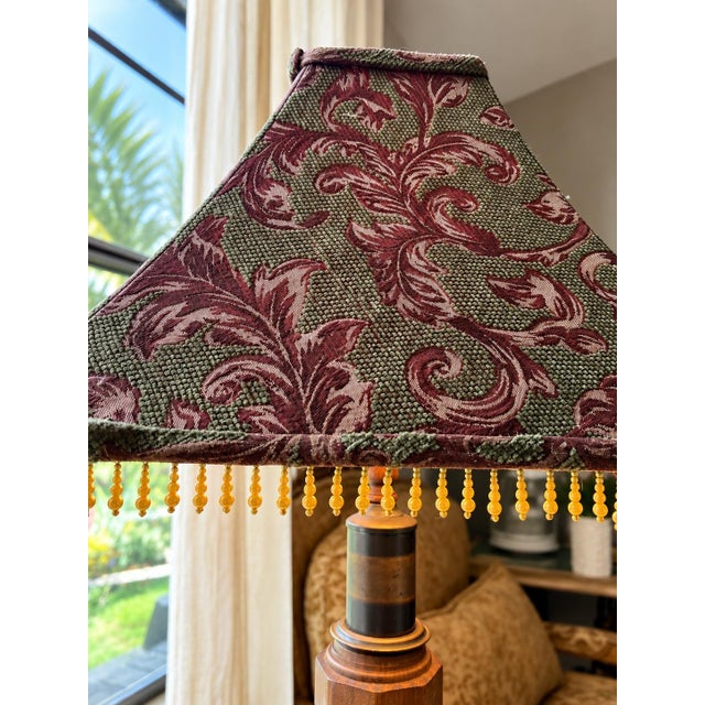 Traditional Vintage Carved Wood Table Lamp With Ornate Damask Shade, Beaded Fringe, Traditional European Style, Decorative Accent Lighting For Sale - Image 3 of 12