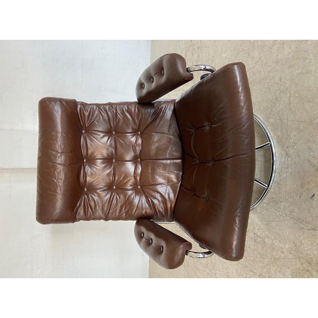1960s Vintage Brown Leather Ekornes Stressless Reclining Lounge Chair & Stool 1960,s For Sale - Image 5 of 18