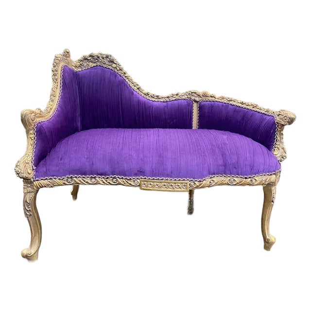 Late 20th C French Louis XVI Gold Beech Purple Velvet Settee For Sale
