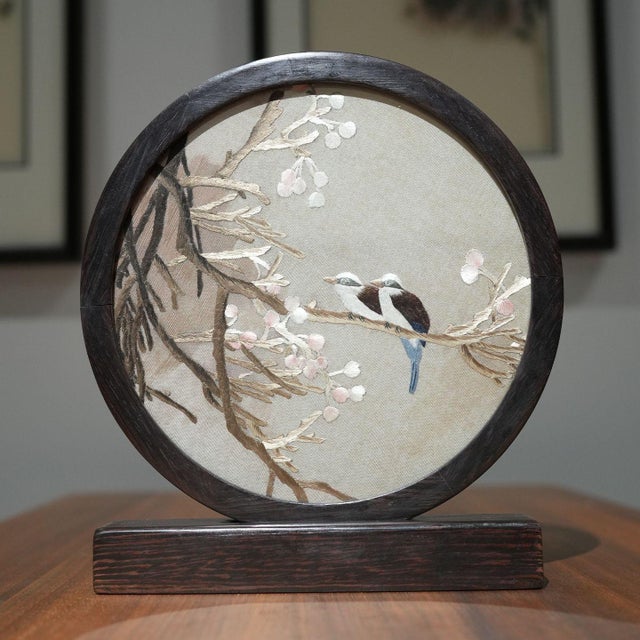 2020s Double-Sided Handcrafted Silk Feng Shui Embroidery Winter Bird Flower Artwork For Sale - Image 5 of 6