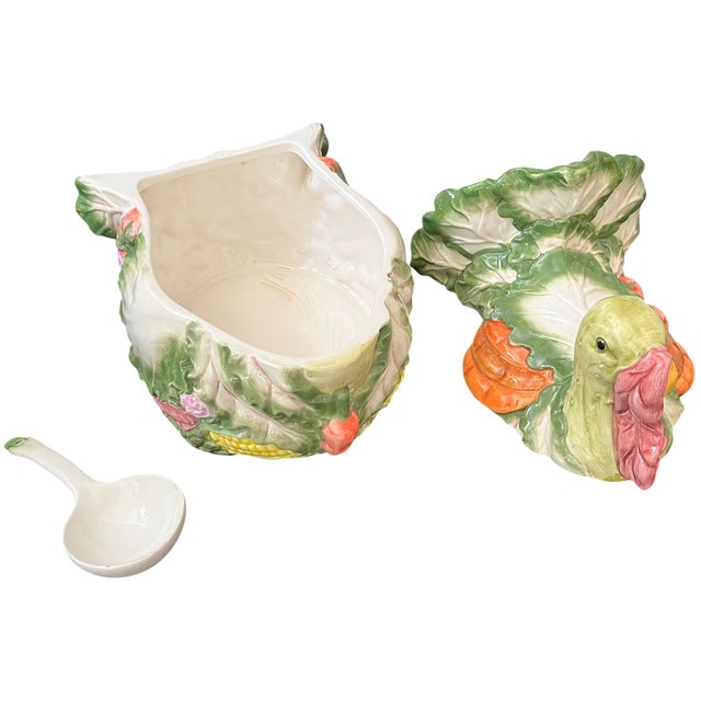 Ceramic Vintage Majolica Turkey & Vegetable Tureen With Ladle – Cabbage Ware, Carrot & Corn Motif For Sale - Image 7 of 7