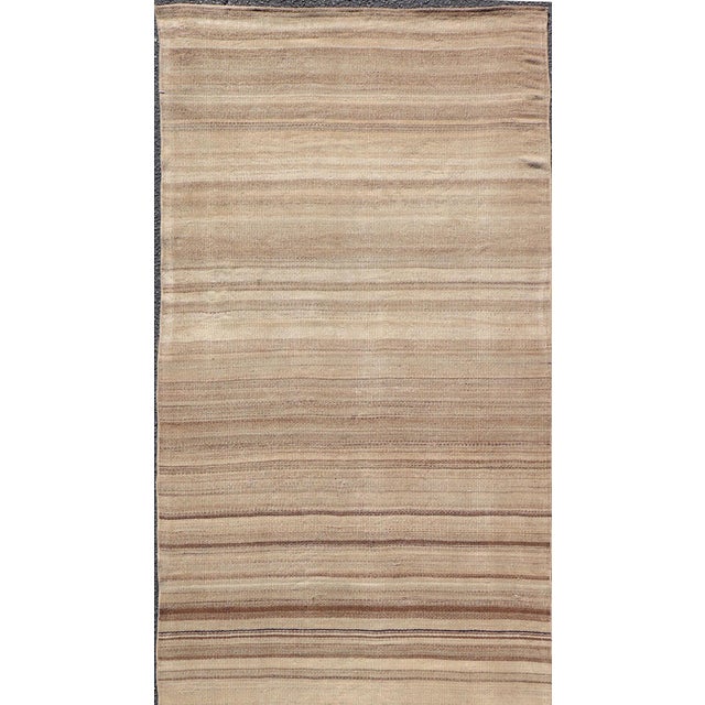 Mid 20th Century Vintage Turkish Kilim Runner With Warm Beige and Soft Brown Striped Design For Sale - Image 5 of 10