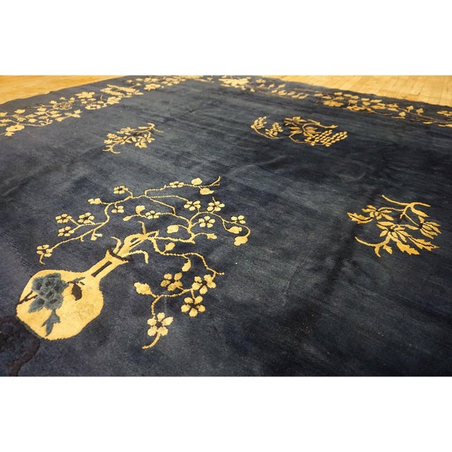 1920s Navy Blue Vase Floral Deco 1920s Antique Chinese Peking Room Size Knotted Rug For Sale - Image 5 of 10