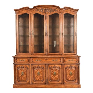 Thomasville French Regency Louis XVI Carved Walnut Lighted Breakfront Bookcase Cabinet For Sale