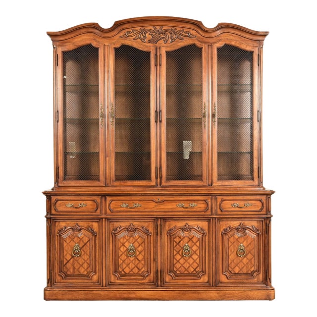 Thomasville French Regency Louis XVI Carved Walnut Lighted Breakfront Bookcase Cabinet For Sale