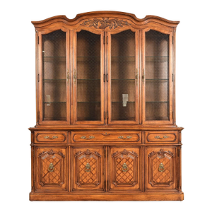 Thomasville French Regency Louis XVI Carved Walnut Lighted Breakfront Bookcase Cabinet