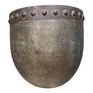 Vintage Hammered Brass Planter Pot With a Riveted Rim Hollywood Regency For Sale
