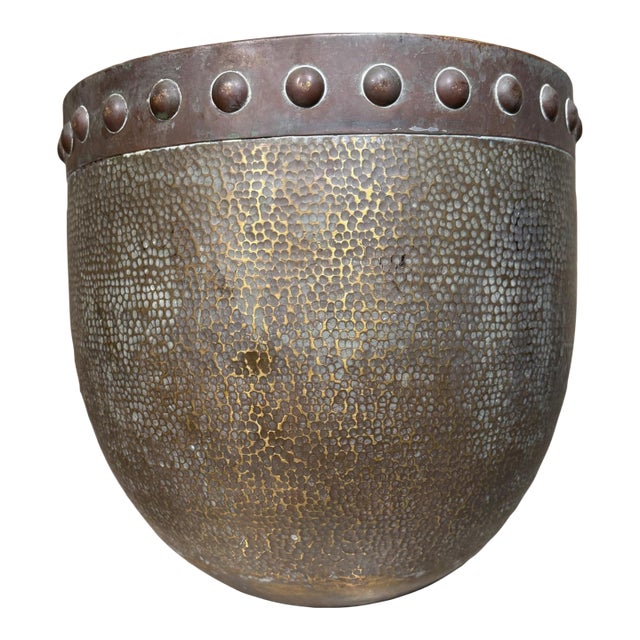 Vintage Hammered Brass Planter Pot With a Riveted Rim Hollywood Regency For Sale