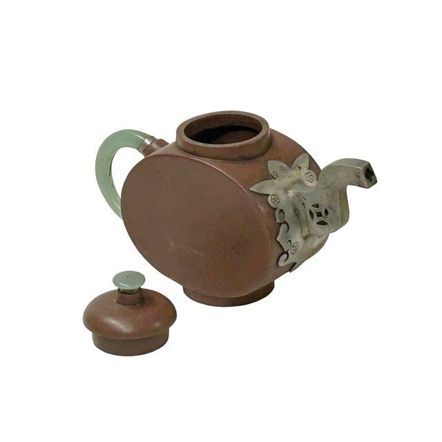 Chinese Zisha Clay Brown Jade Stone Handle Pewter Teapot Display Art For Sale In San Francisco - Image 6 of 11