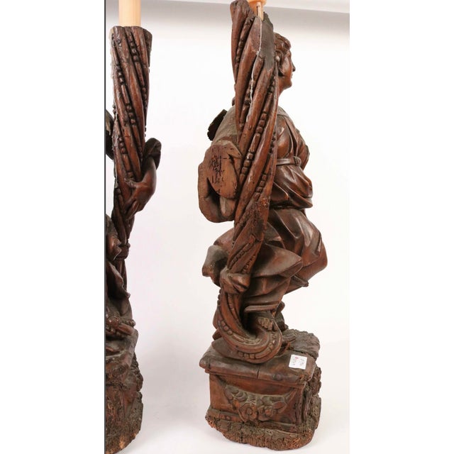 Baroque Pair of Italian Renaissance/Baroque Carved Wood Angel Torchère Candelabra, C. 1600 For Sale - Image 3 of 7
