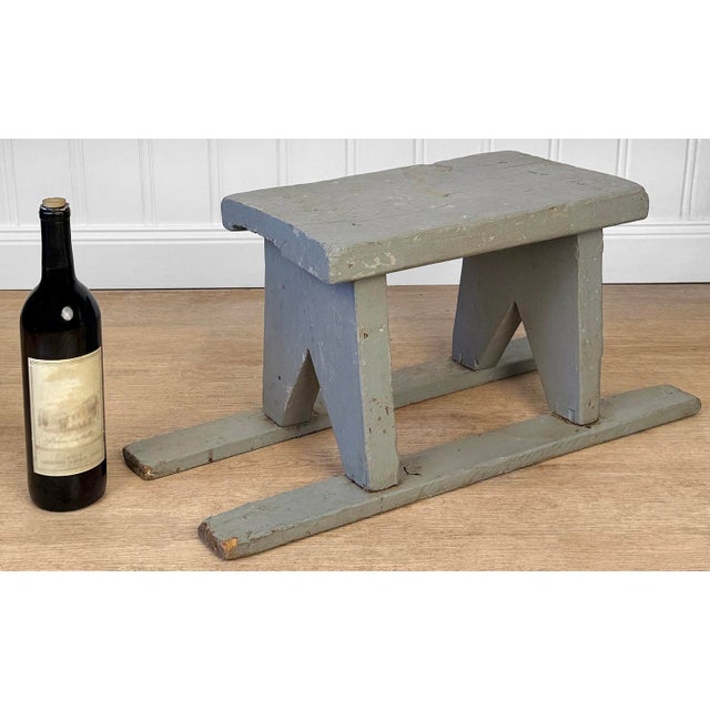 A Primitive Farmhouse Wood Gray Milking / Foot Stool, c. Early 20th Century - Solid Wood with Early Gray Painted Finish -...